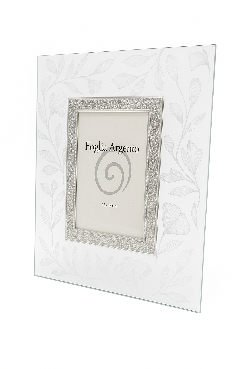 Cornice Beltrami Foglia Argento Vetro 13x18 cm Fiori – Portafoto 6x8 cm