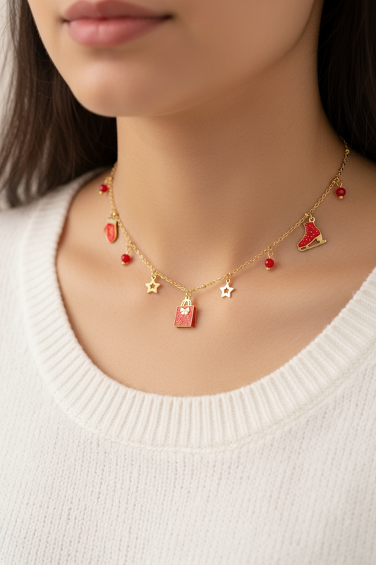 NUOVO Collana Donna Natalizia Acciaio Oro Pendente Regalo o Albero Natale Elegante