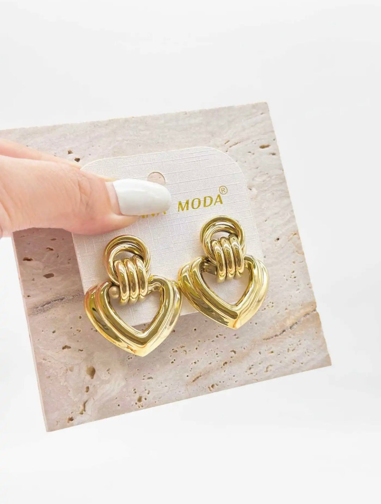Orecchini Donna Cuore Oro Acciaio Inox Pendenti Moderni Eleganti 4 cm Shelly