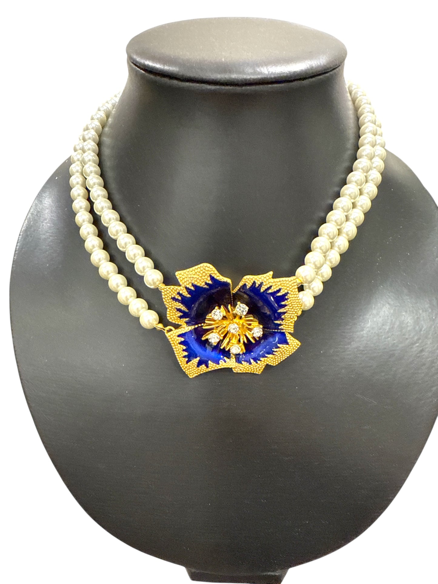 Collana Donna Doppio Filo di Perle con Fiore Blu e Oro – Stile Barocco Elegante 50 cm