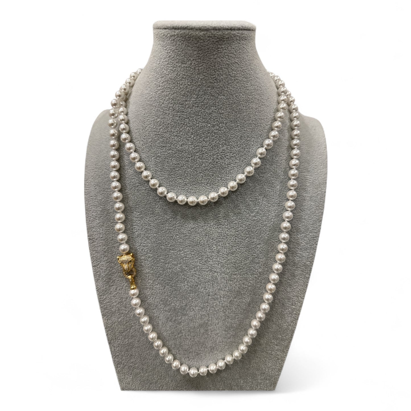Collana Lunga Donna con Perle e Chiusura Pantera Colore Oro con Zirconi