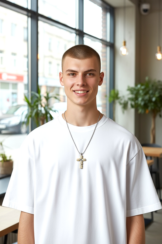 Collana Uomo Croce Acciaio Bicolore Oro e Nero con Catenina