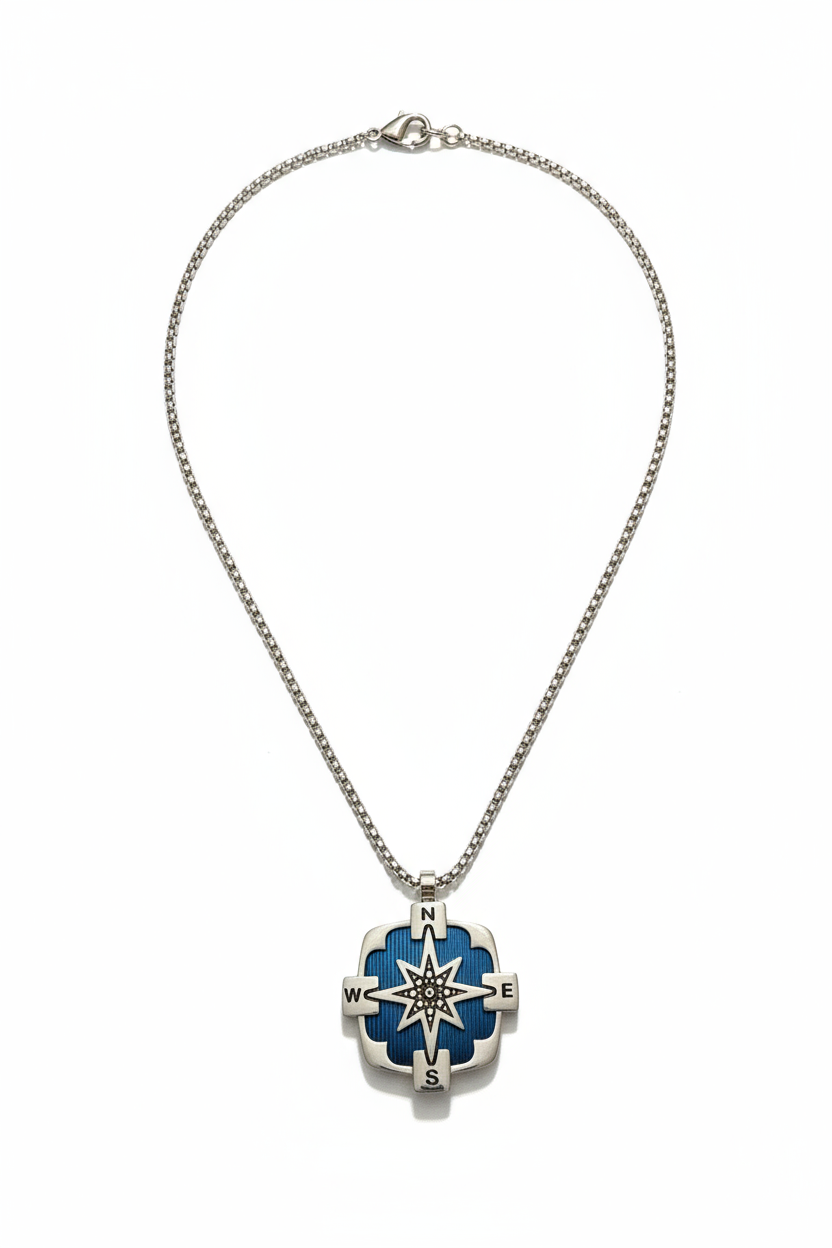 Collana Uomo Acciaio Bussola Rosa dei Venti Blu Bracciale Nautico Stile Moderno