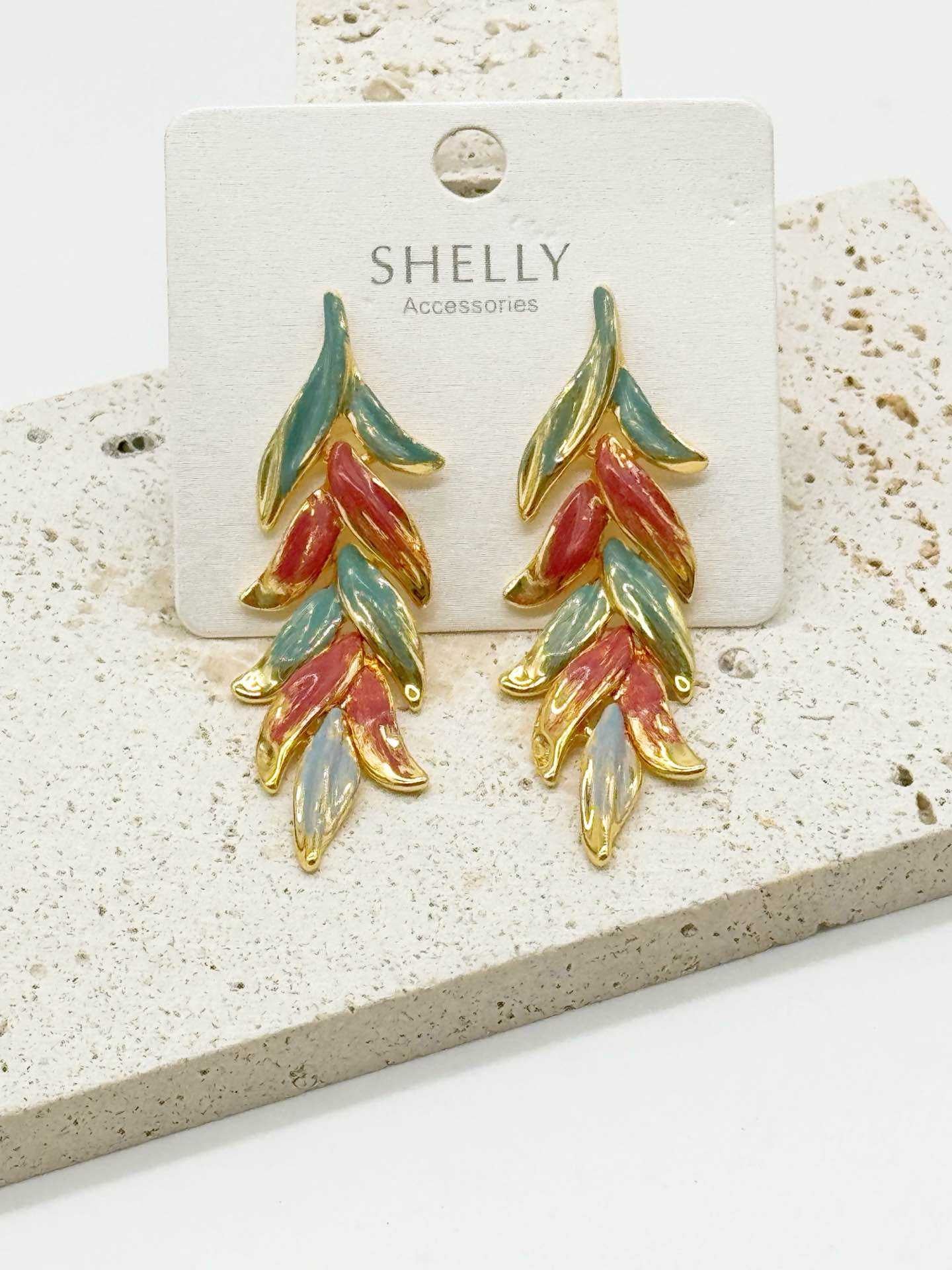 Orecchini Shelly Accessori pendenti foglia dorata smalto multicolore