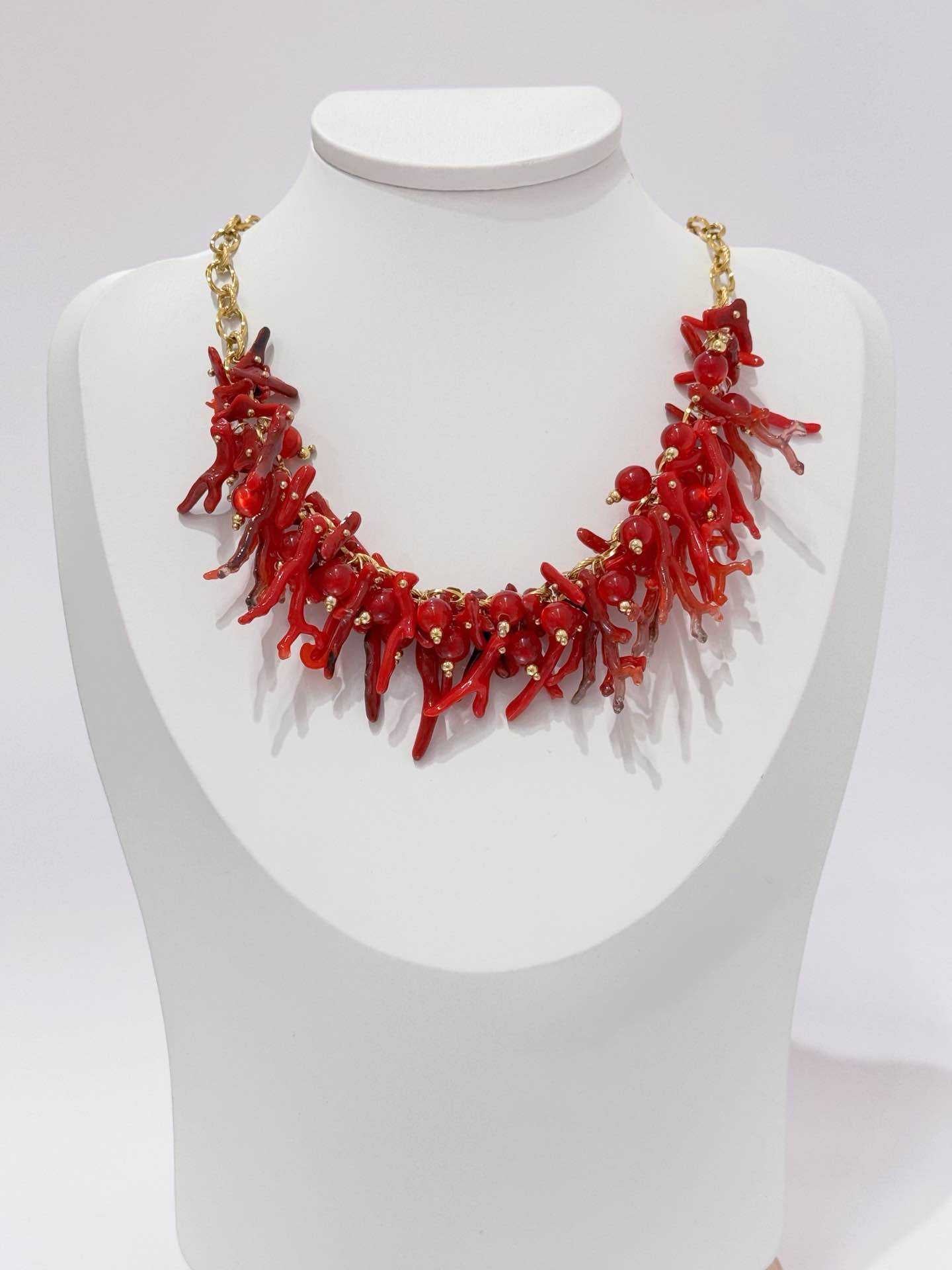 Collana girocollo donna corallo rosso sintetico perline oro stile etnico