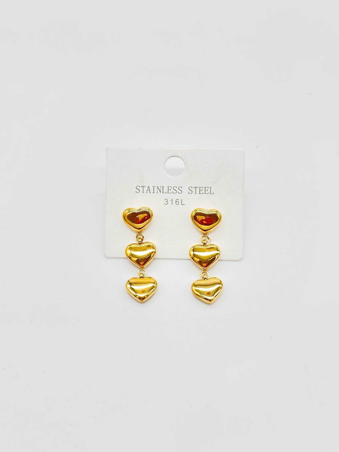 Orecchini donna pendenti 3 Cuori Gold in Acciaio 316L – Eleganti leggeri anallergici