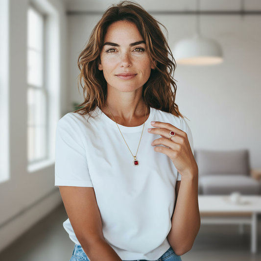 Set collana e anello dorati con pietra rossa cushion e zirconi anello regolabile