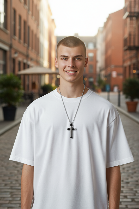 Collana Uomo Croce Acciaio Nero Argento – Catena Inclusa, Stile Urban
