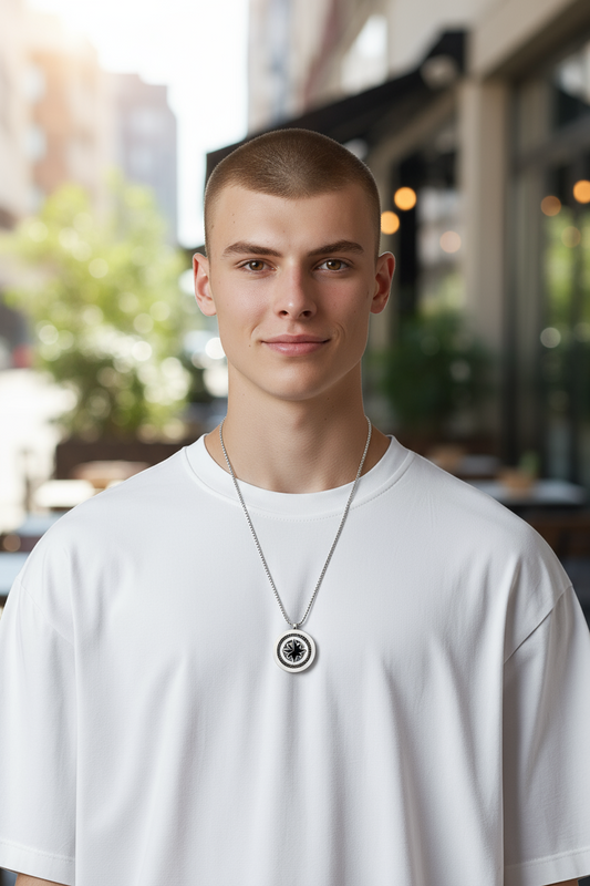 Collana Uomo Bussola Acciaio Nero/Argento – Pendente Rotondo con Catena