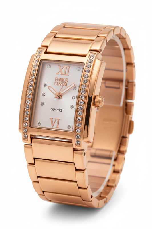 Orologio Donna Enrico Coveri Rettangolare con Cristalli - Silver e Rose Gold