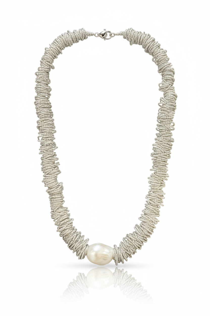 Collana Donna con Filo Intrecciato e Perla Barocca — Eleganza Moderna