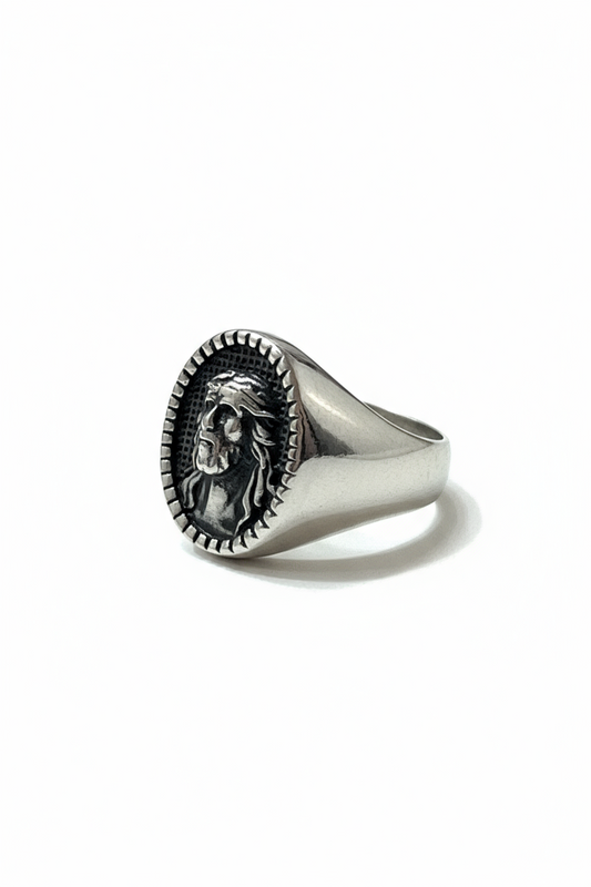 Anello Uomo Sigillo Volto di Gesù – Acciaio Silver Antique, Misura 23