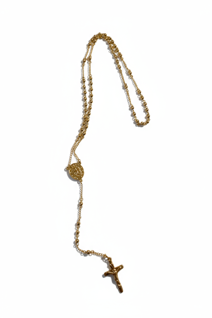 Rosario collana dorata acciaio unisex con croce e medaglia – elegante