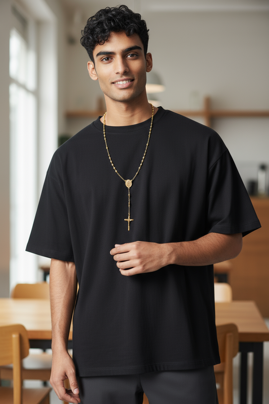 Rosario collana dorata acciaio unisex con croce e medaglia – elegante