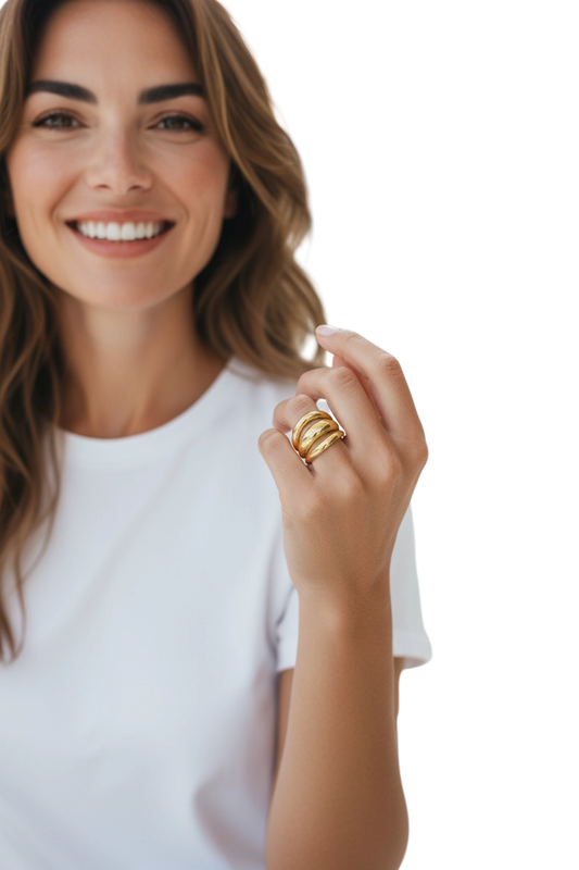 Nuovo Shelly Anello Donna Acciaio Oro Tre Fasce Regolabile Misura 16