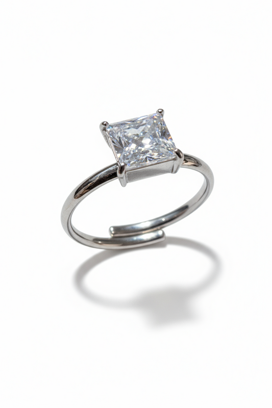 NUOVO Anello Donna Acciaio Regolabile Cristallo Quadrato Oro Argento