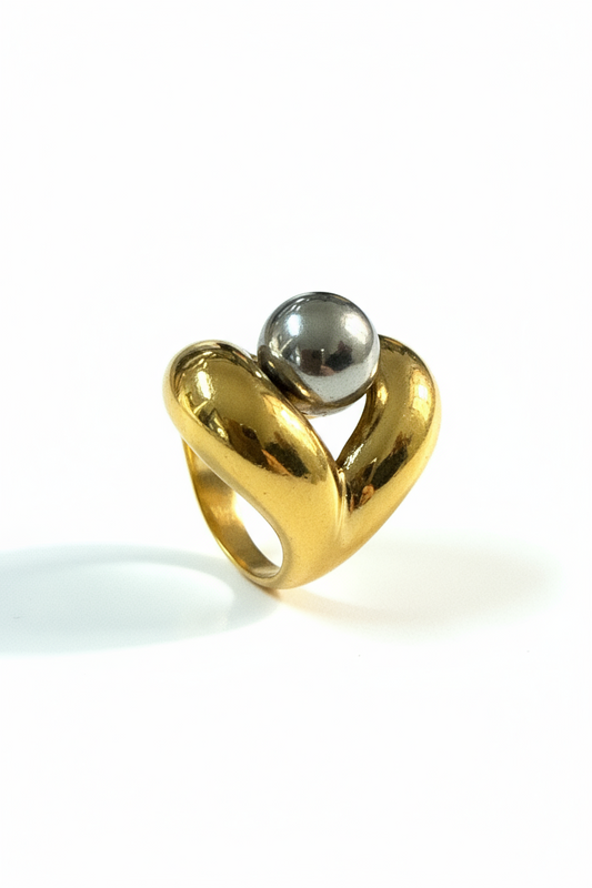 NUOVO Anello Donna Acciaio Cuore Bicolore Sfera Design Moderno Scultoreo