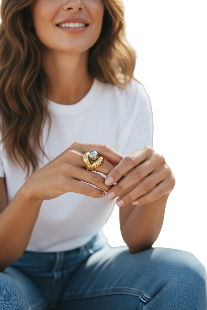 Anello Donna Acciaio Cuore Bicolore con Sfera — Design Moderno e Scultoreo