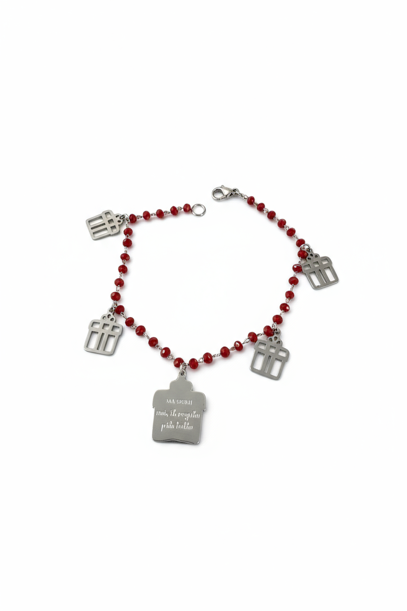 10BuoniPropositi Bracciale Donna Perline e Ciondoli Diamanti Cuori Corone Rosso