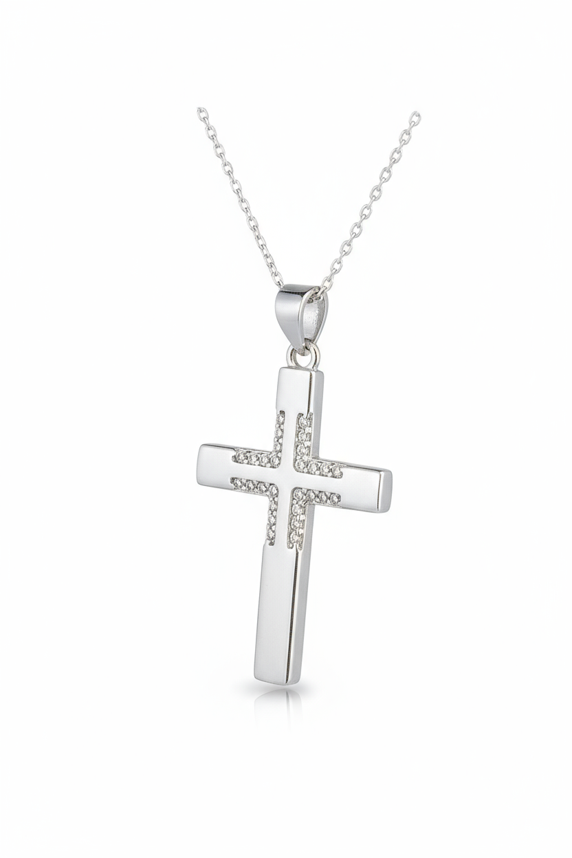 Collana Croce in Argento 925 con Zirconi — Girocollo Luminoso Unisex