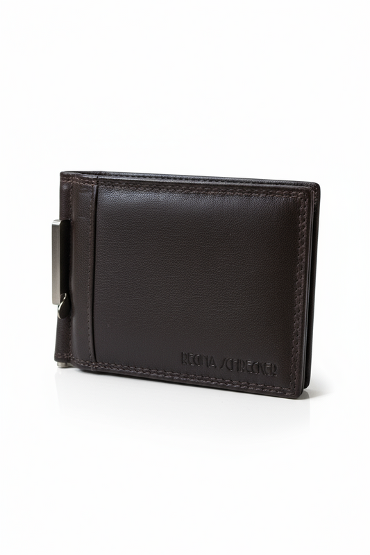 NUOVO Regina Schrecker Portafoglio Uomo Vera Pelle Clip Fermabanconote Elegante