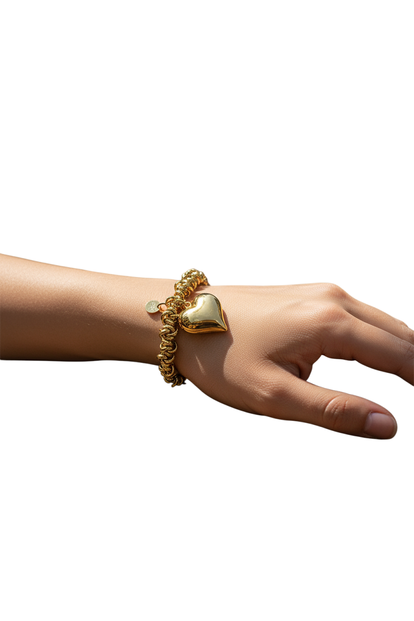 Bracciale donna elastico catena spirale con maxi cuore oro anallergico lucido
