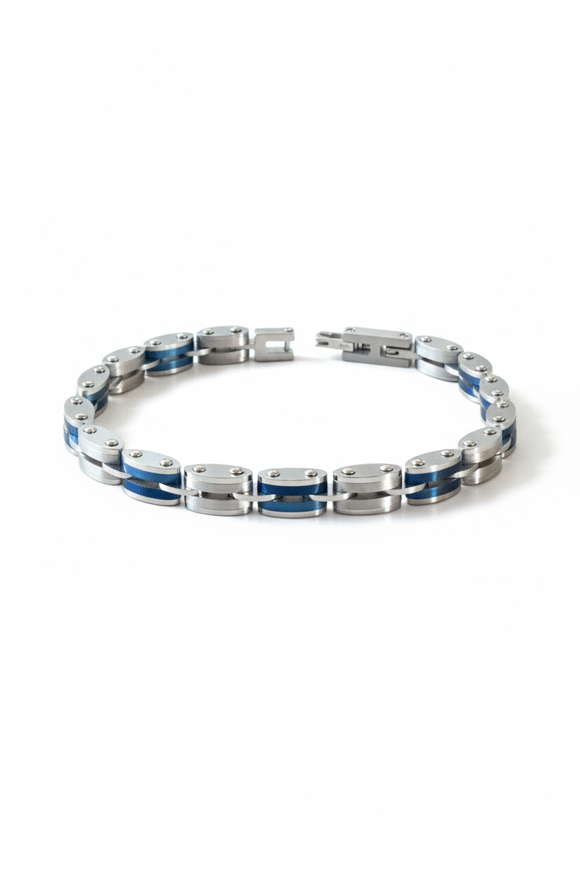 Bracciale uomo acciaio 316L blu e silver – sportivo regolabile 21 cm