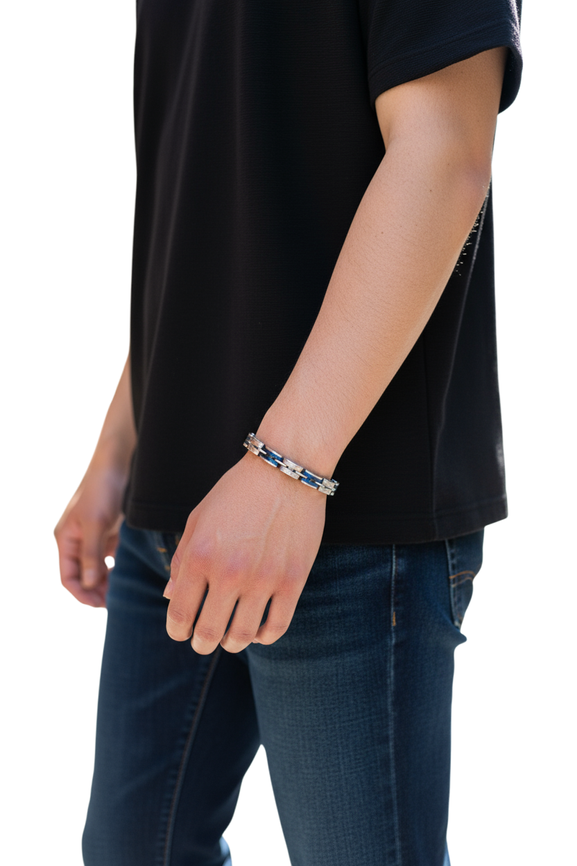 Bracciale uomo acciaio 316L blu e silver – sportivo regolabile 21 cm