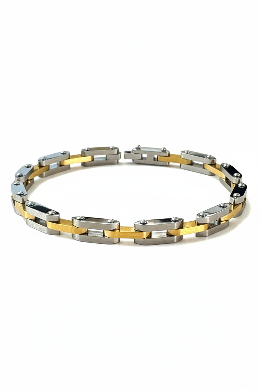 Bracciale uomo acciaio bicolore oro e silver – moderno, regolabile 21 cm
