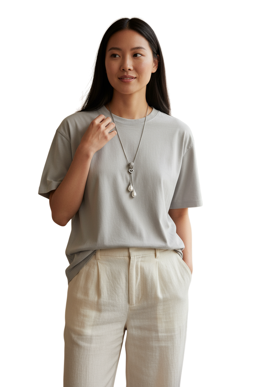 Collana lunga donna acciaio 316L con pendente cuore e perle bianche