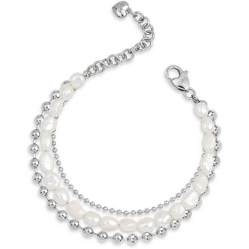 OpsObjects bracciale donna triplo filo in acciaio a sfere con perle barocche
