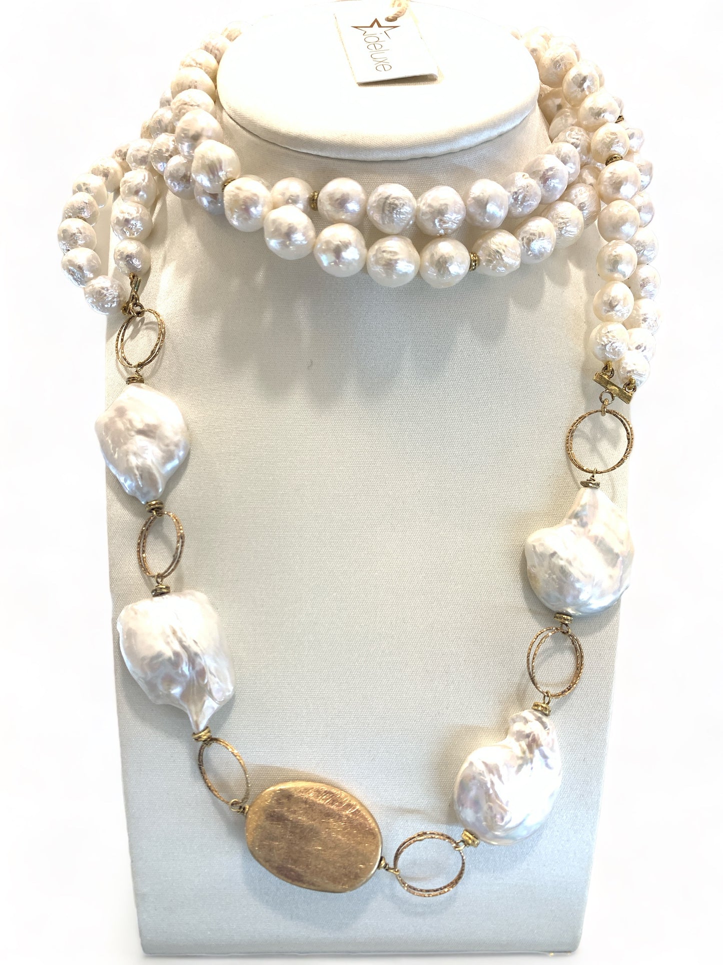 Nuovo Collana Donna PassioneDele Lunga Perle Barocche Elementi Dorati 60cm