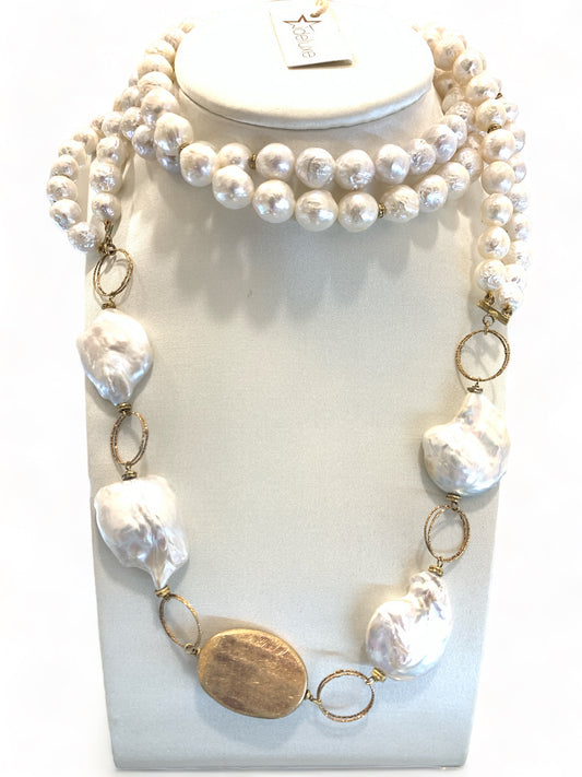 Nuovo Collana Donna PassioneDele Lunga Perle Barocche Elementi Dorati 60cm