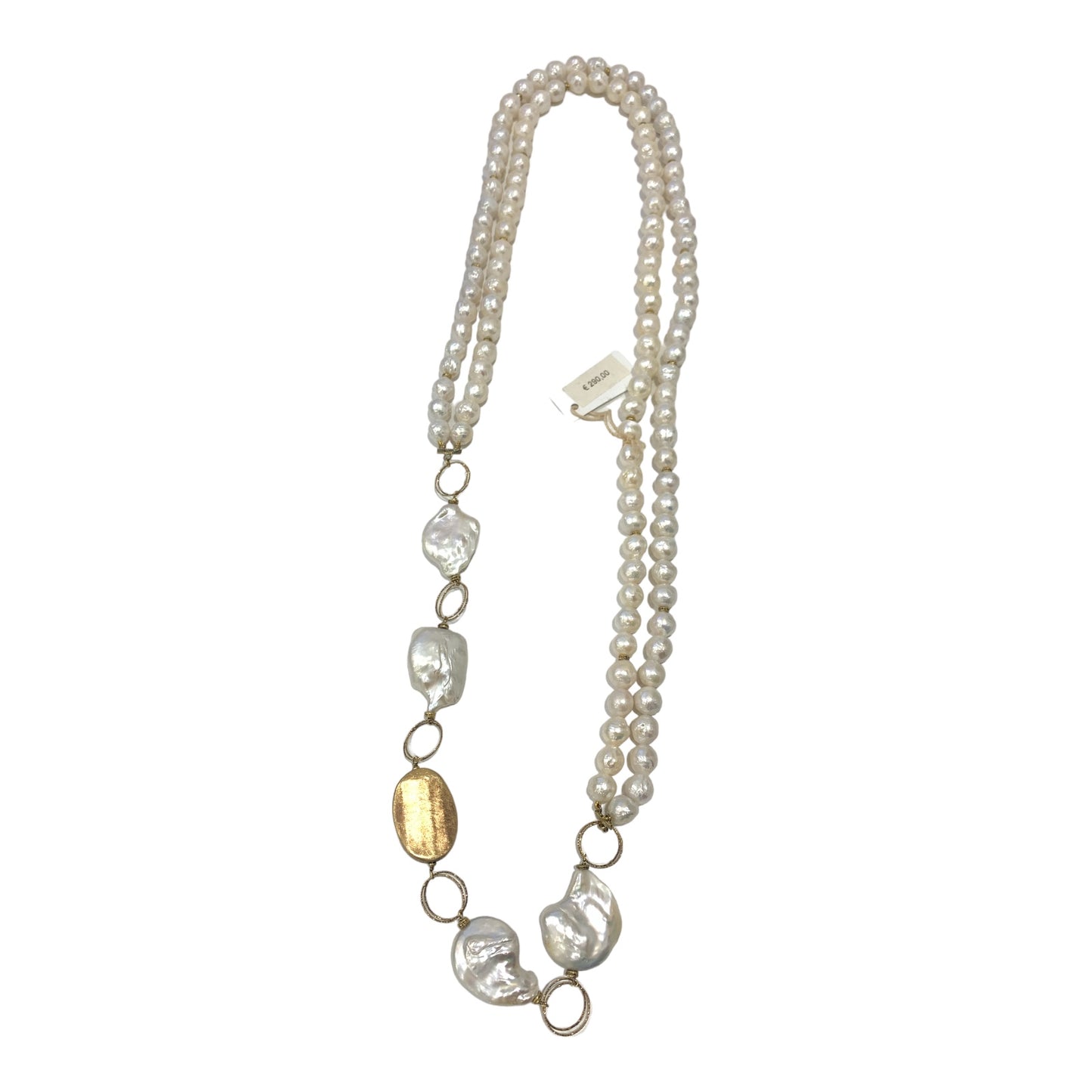 Passionedele collana lunga con perle barocche e ed elementi dorati per donna 60 cm