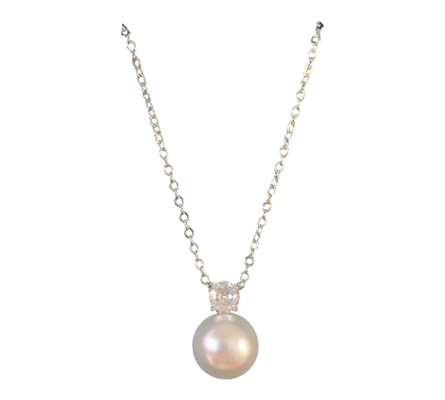 Collana Girocollo In Acciaio Da Donna Con Ciondolo Simil Perla e Cristallo Bianco Mf