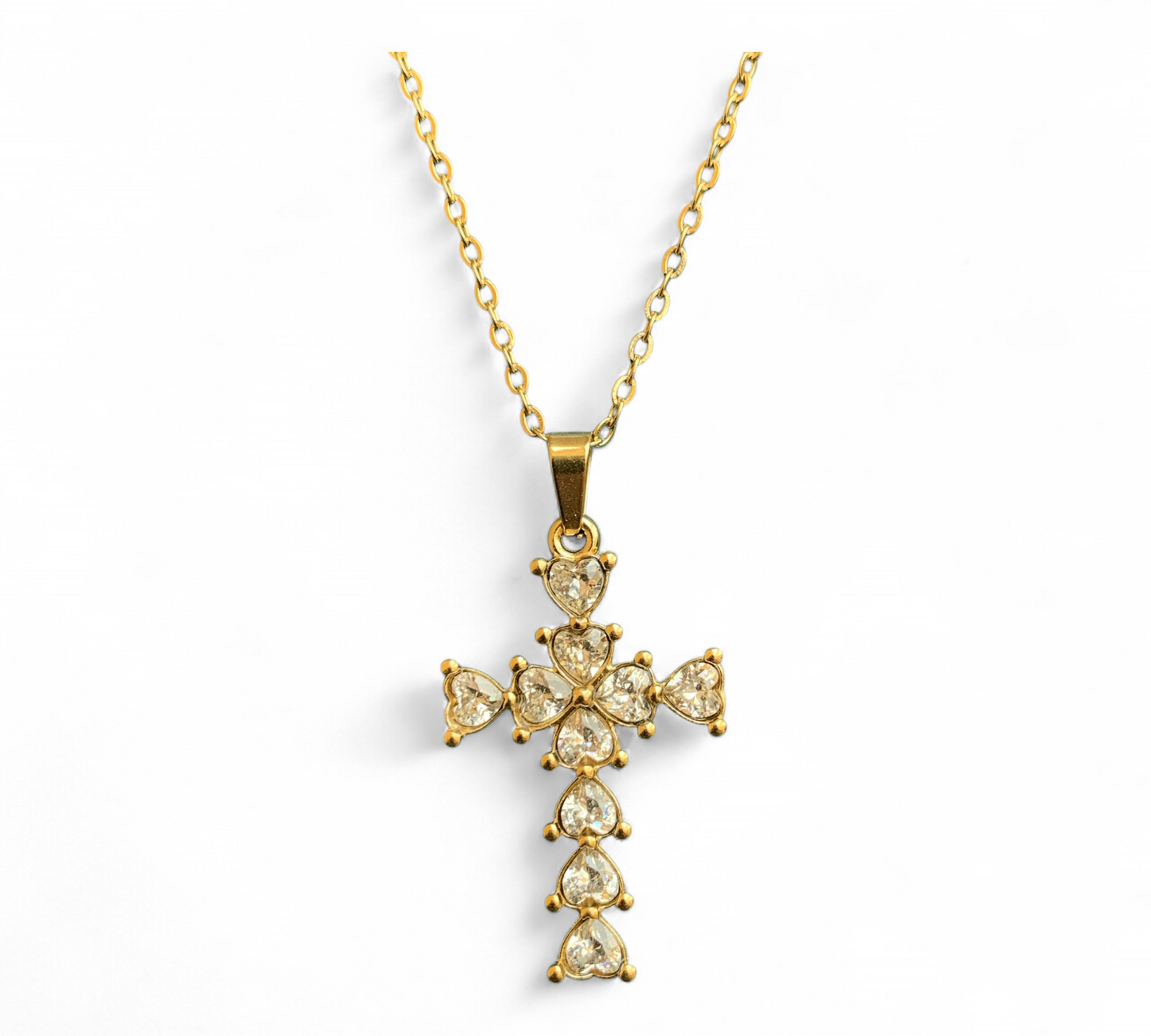Collana Da Donna In Acciaio Colore Oro Con Ciondolo Croce e Cristalli