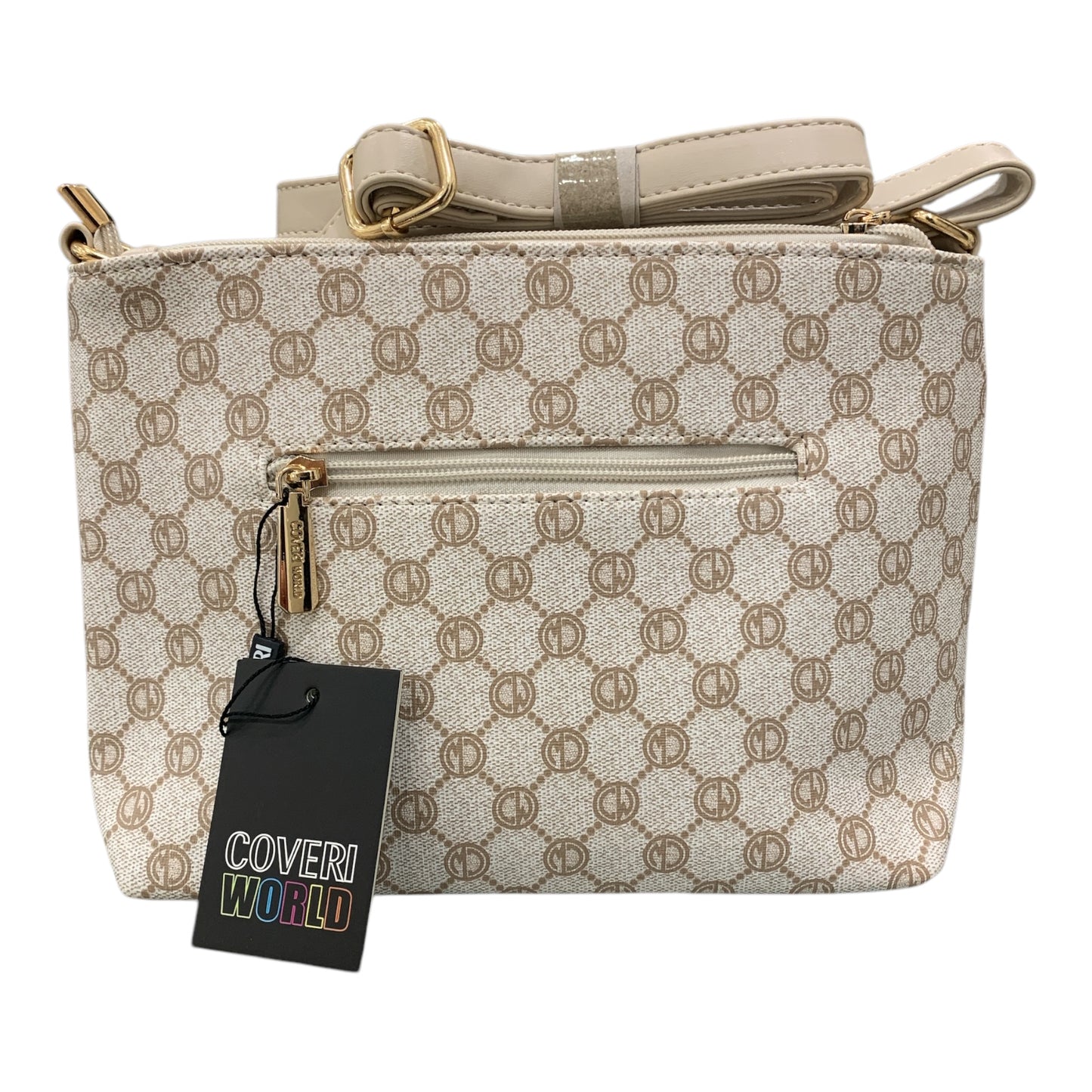 Borsa donna Enrico Coveri World tracolla beige con stampa logo e tasche con zip