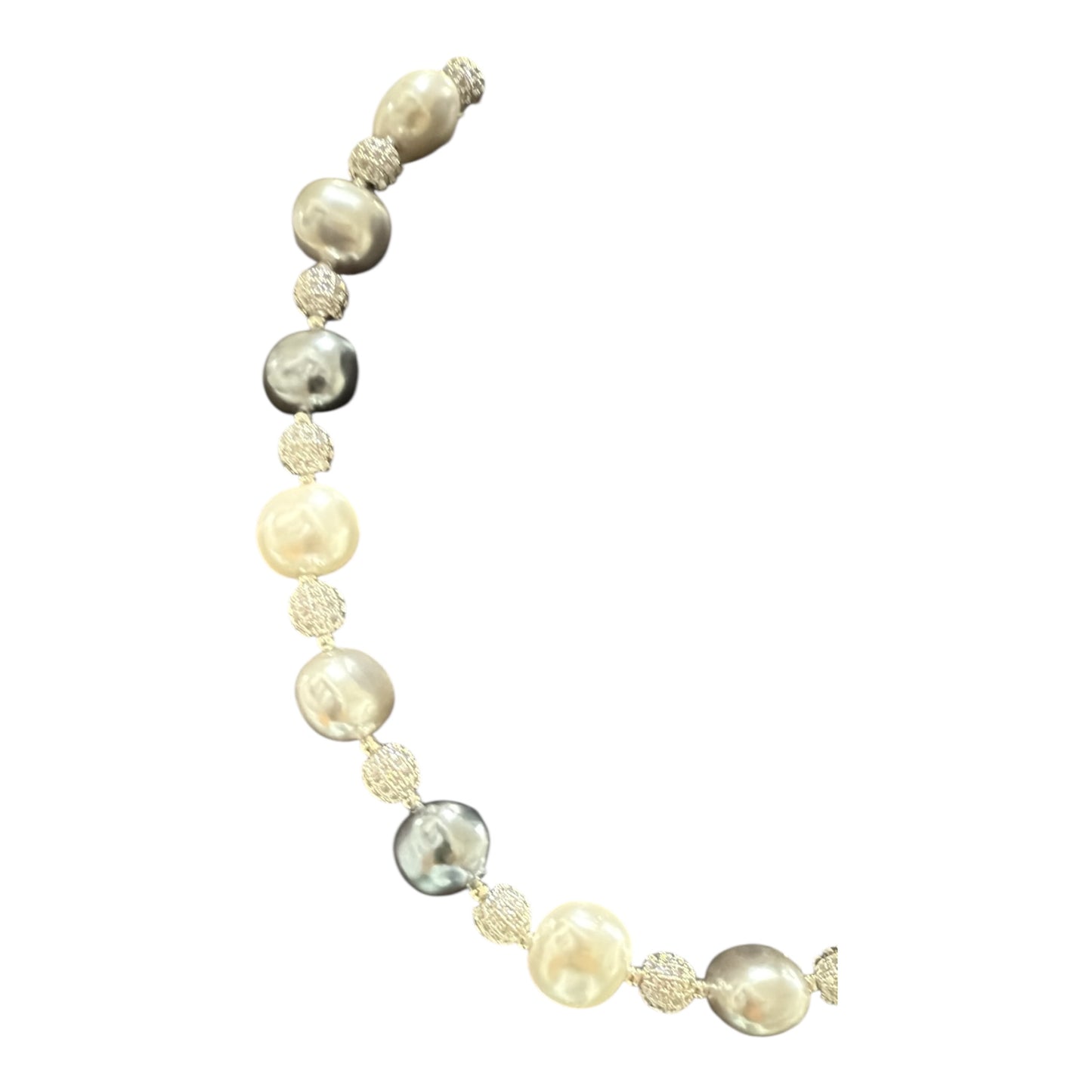 Collana donna perle polvere di conchiglia bicolore e sfere acciaio