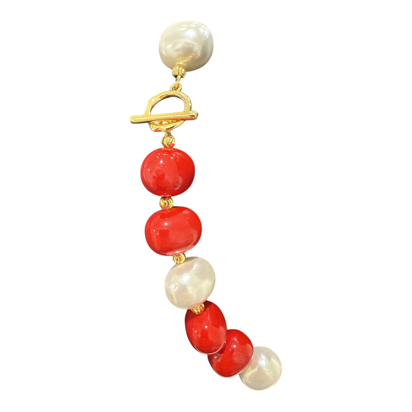 Collana donna con perle bianche e rosse o turchesi, chiusura T dorata