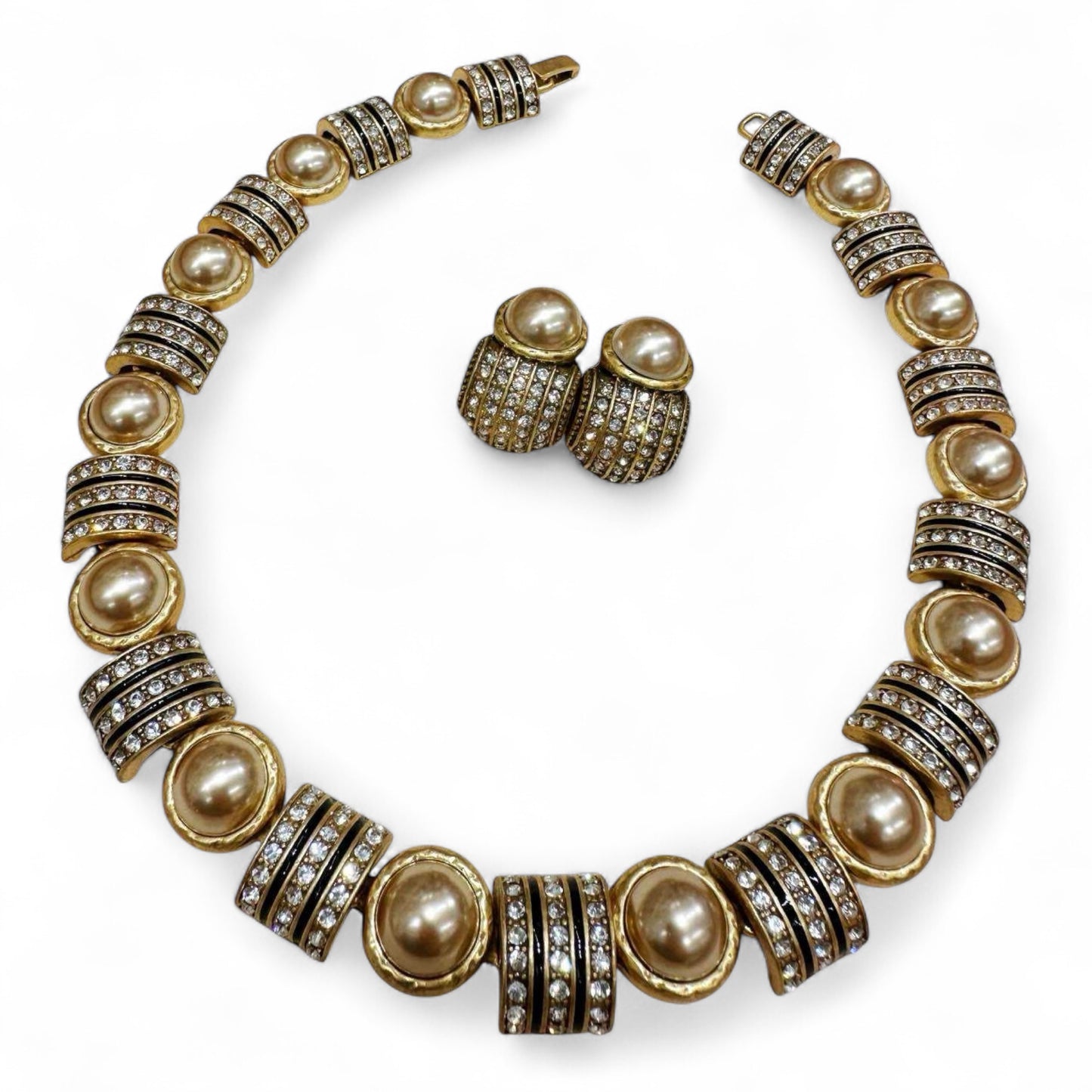 Parure collana e orecchini dorati con perle e cristalli pavé stile vintage donna
