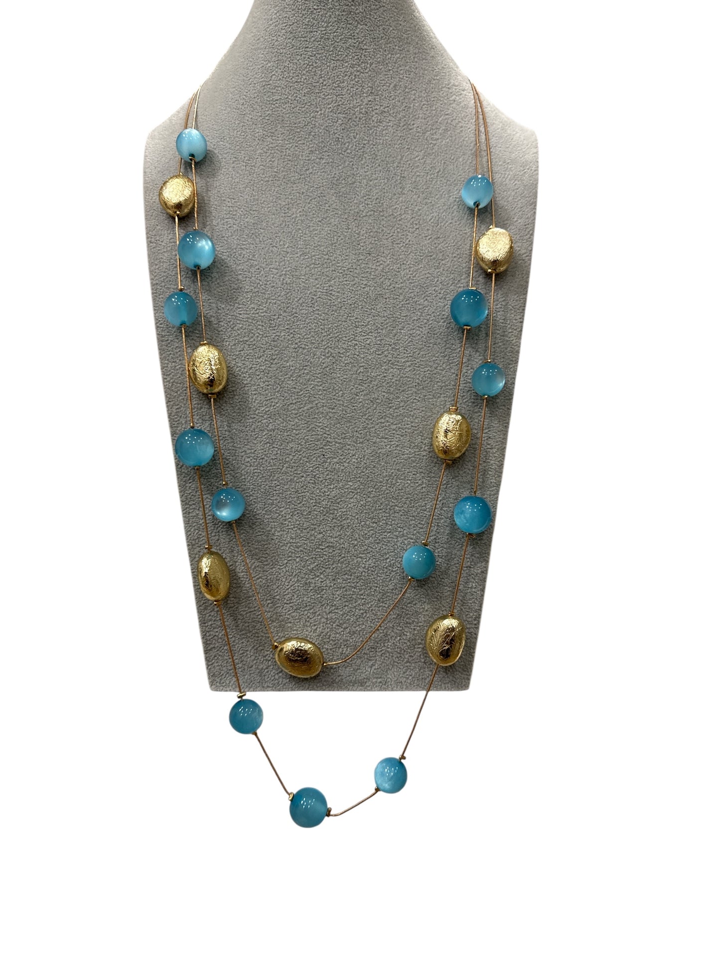 Collana lunga donna con sfere azzurre e ovali dorati eleganti