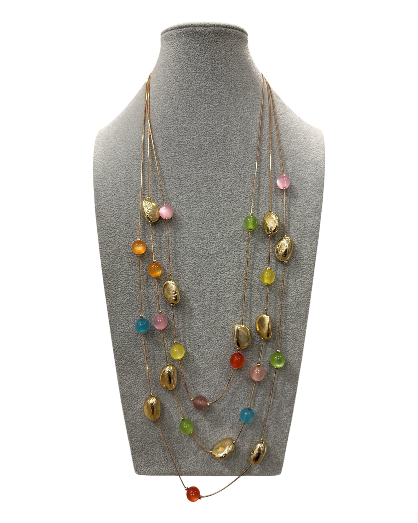 Collana lunga multicolore con perle e ovali dorati per donna