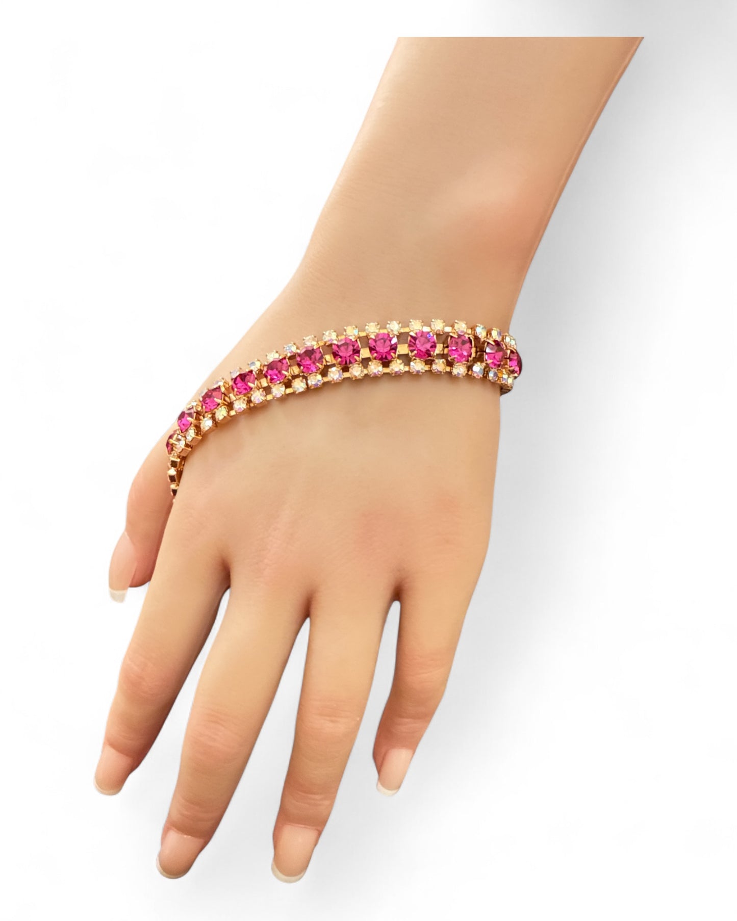 Bracciale donna elegante doppia fila cristalli rosa e zirconi bianchi oro