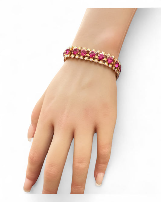 Bracciale donna elegante doppia fila cristalli rosa e zirconi bianchi oro