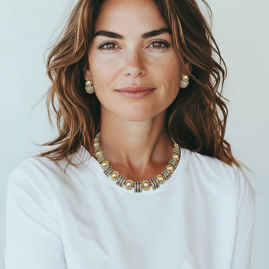 Parure Donna Collana Orecchini Perle Cristalli Dorati Eleganti