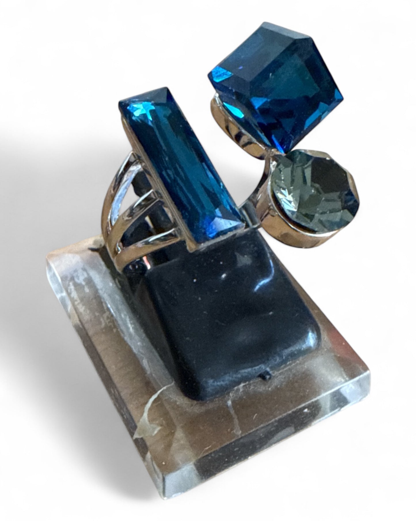 Anello Donna Regolabile Cristalli Blu Geometrici Gioiello Fashion Elegante