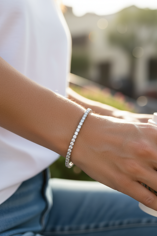 NUOVO Bracciale Donna Tennis Acciaio Cristalli Bianchi Chiusura Cursore Elegante