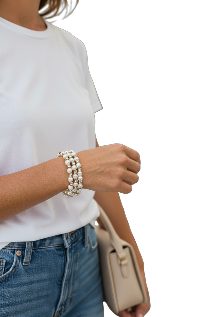 Bracciale Donna Perle Sintetiche Bianche Elastico Rigido