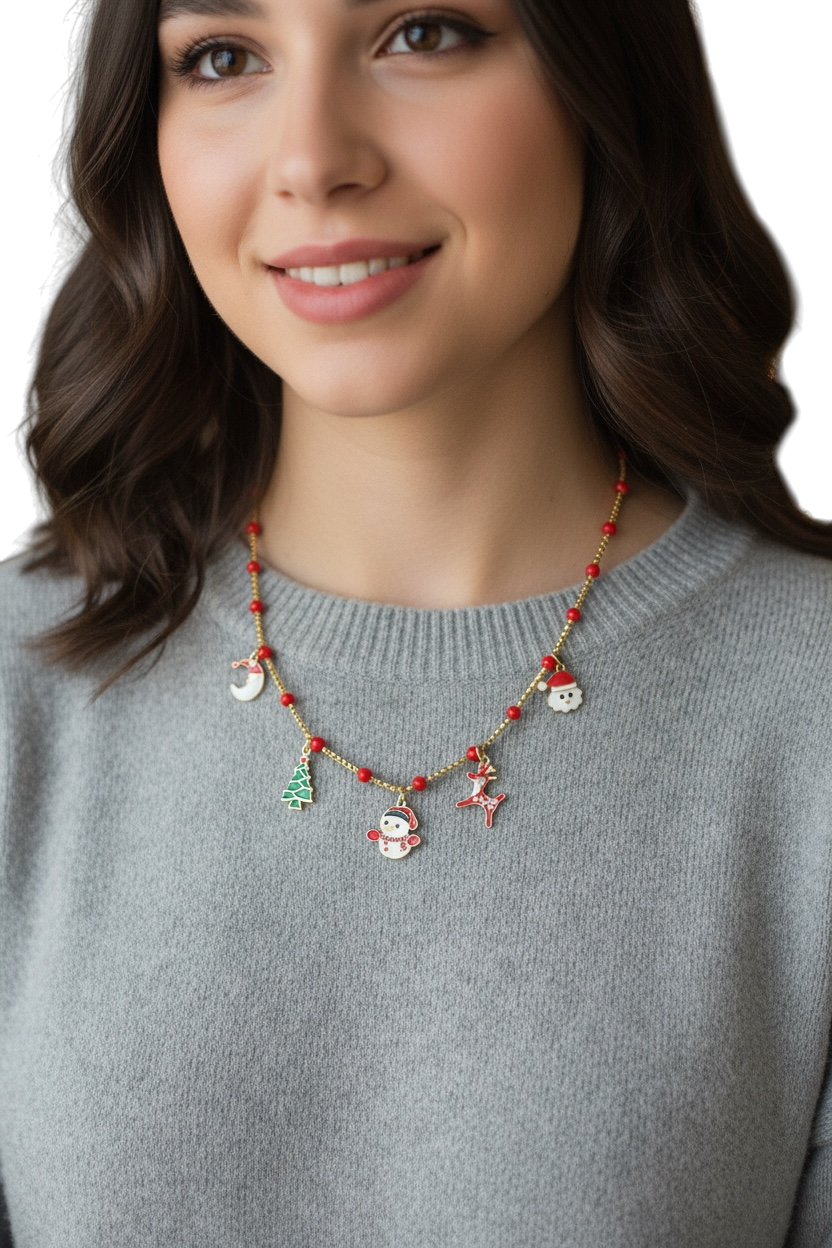 Collana Donna Natale Acciaio con Ciondoli Festivi - Gioiello Natalizio Elegante