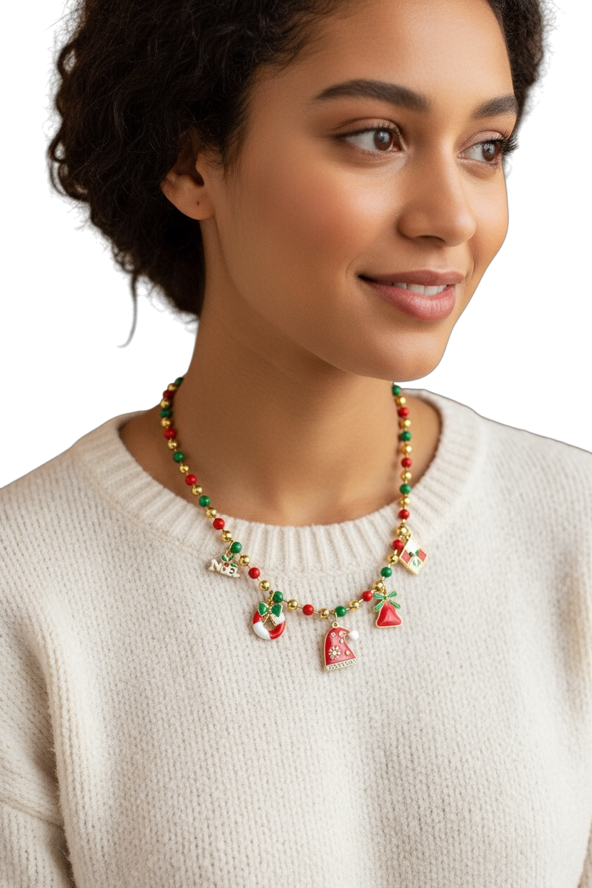 Collana Donna Natale Acciaio con Ciondoli Festivi - Gioiello Natalizio Elegante